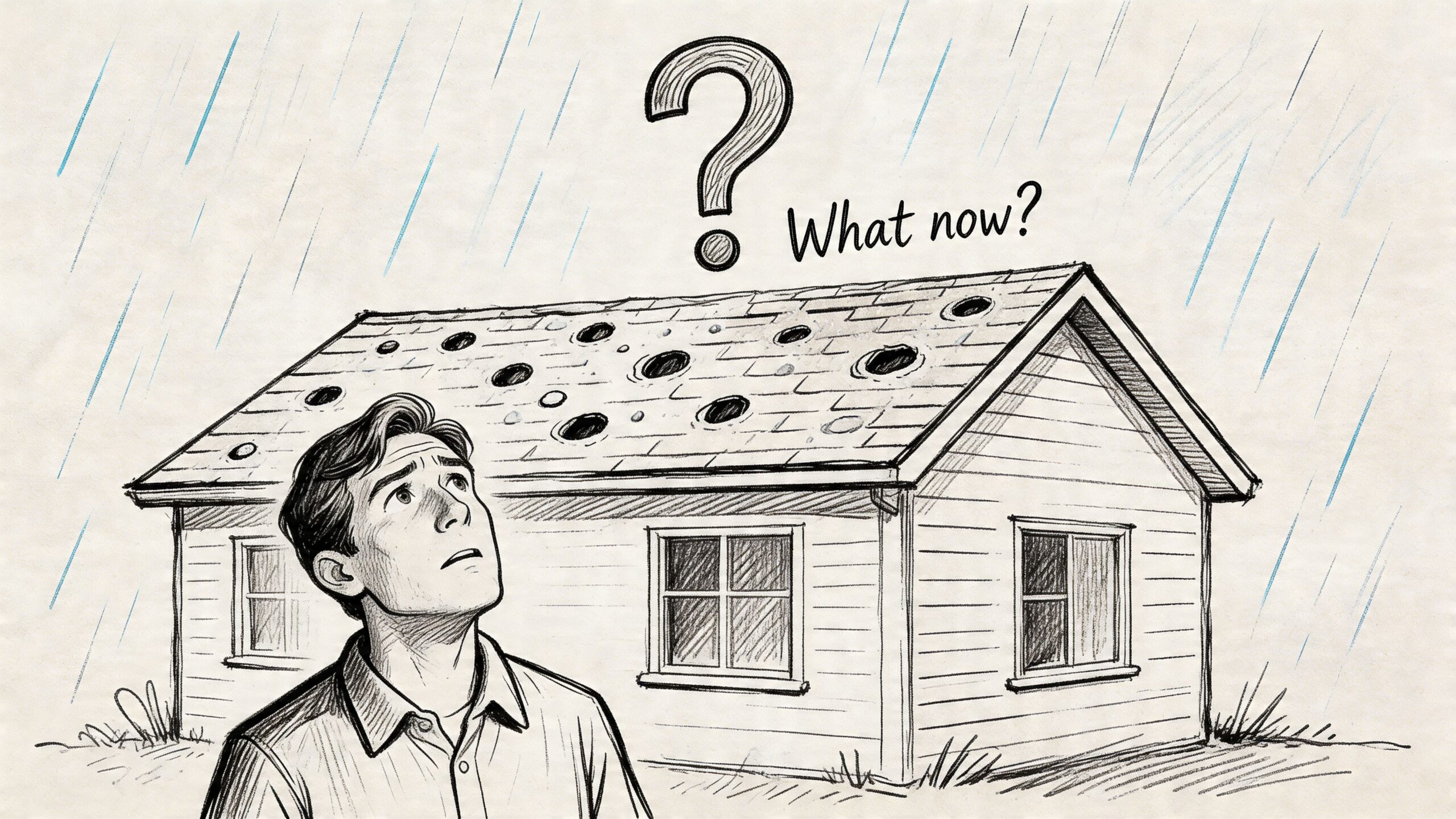 A concerned man looking at his house roof which has been damaged by a severe hail storm.