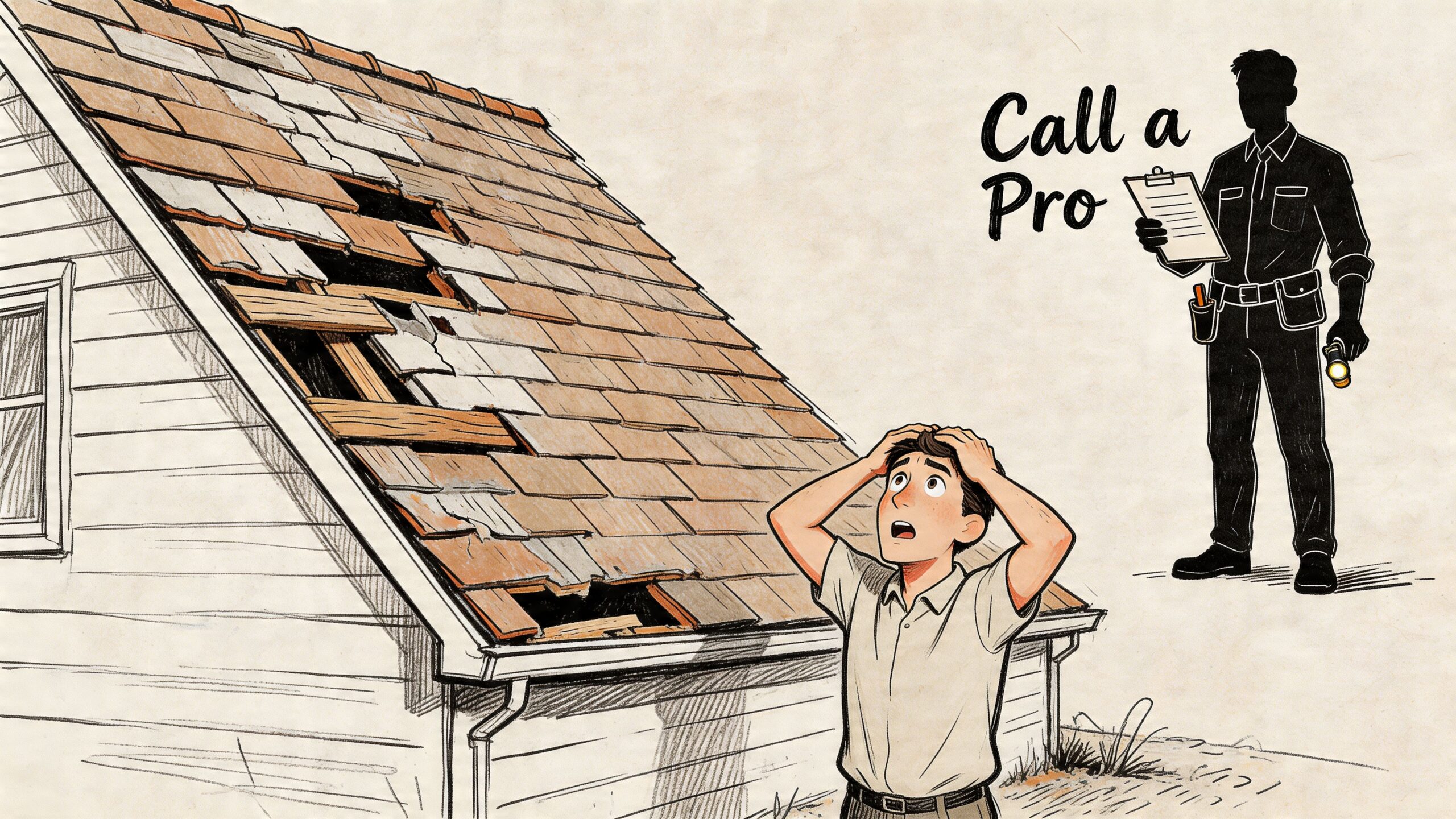A worried man looks up at his damaged house roof, accompanied by an illustration of a professional inspector.