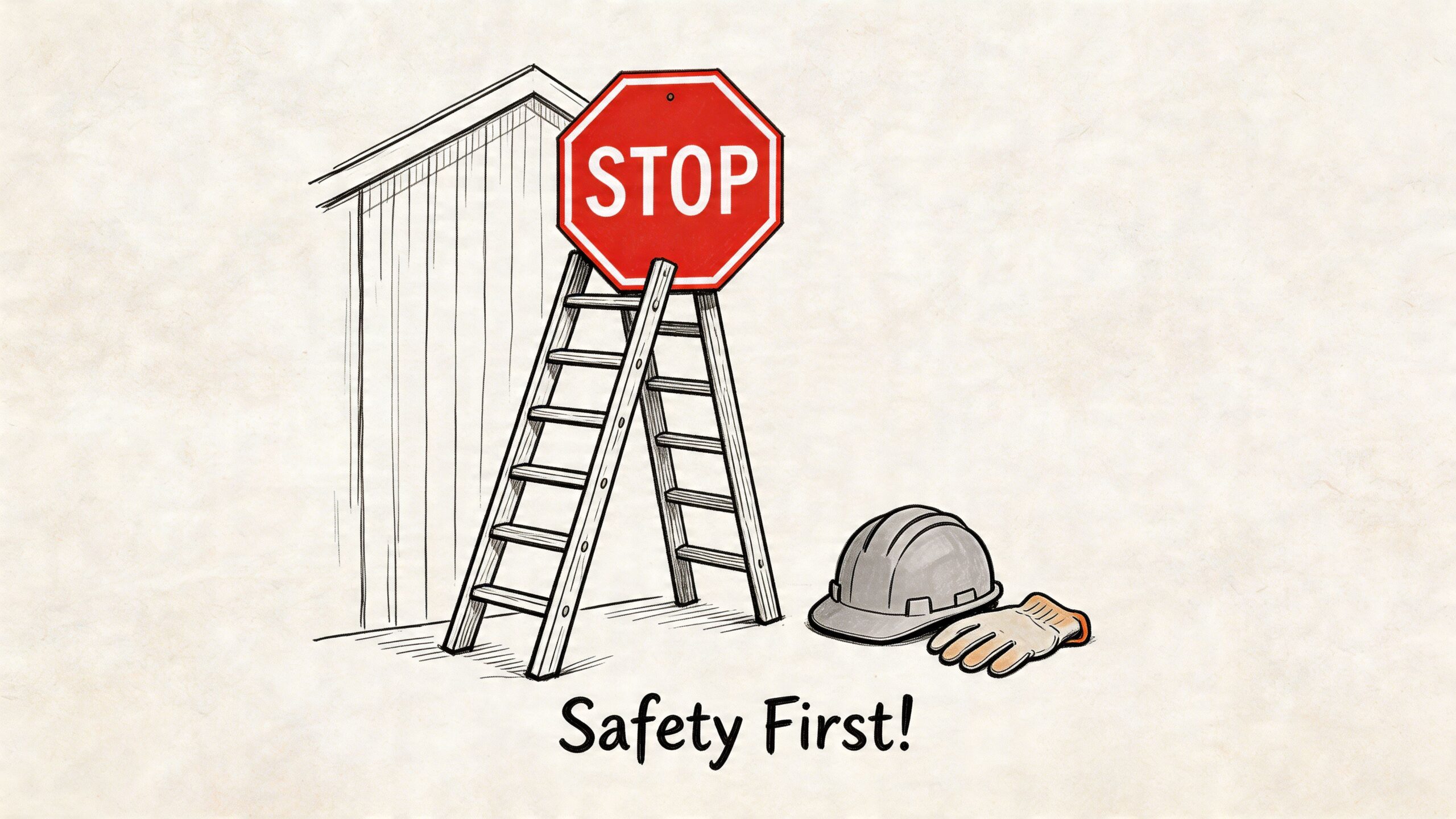 A safety-themed illustration with a ladder, a stop sign, a hard hat, and work gloves.