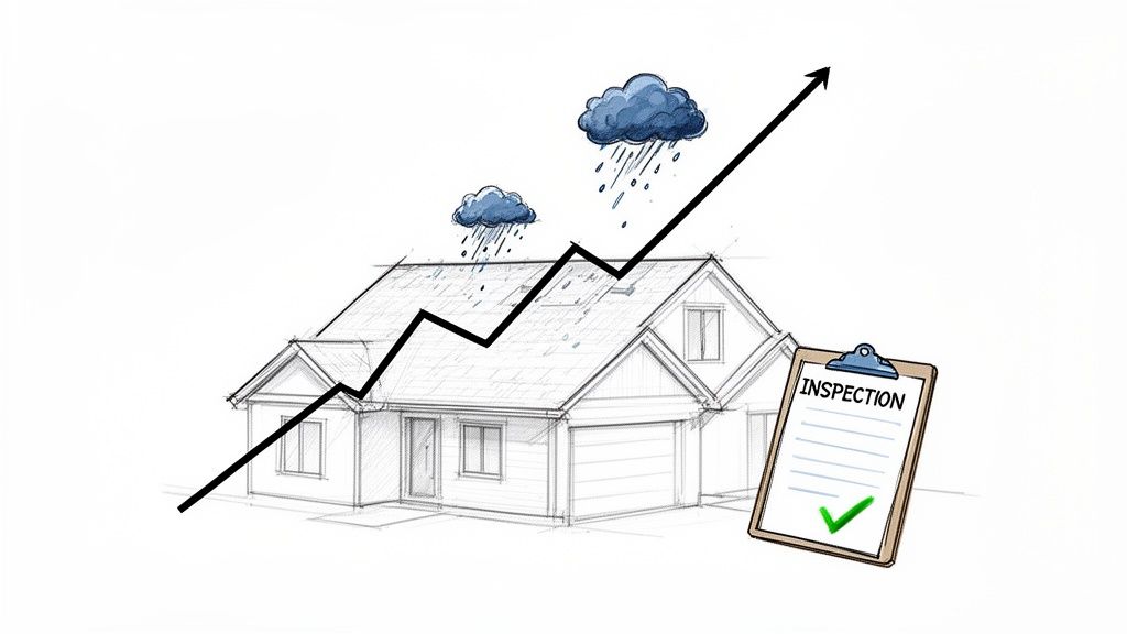 Sketch of a house with rain clouds, an upward trend line, and a passed roof inspection report.