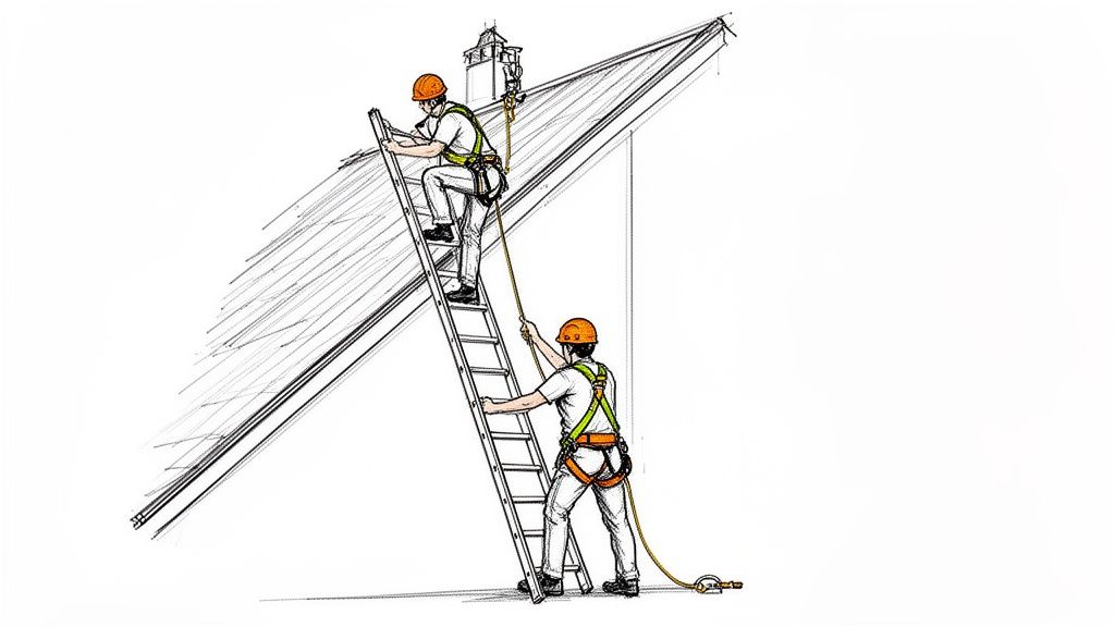 Two workers in safety harnesses and hard hats using a ladder on a steep roof.