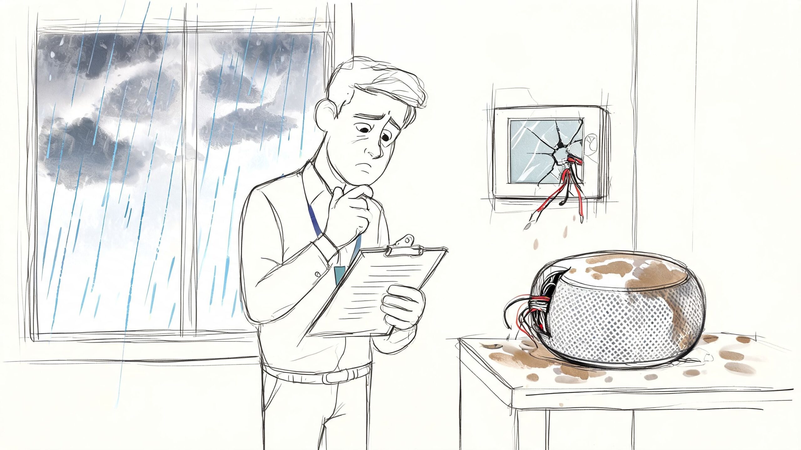 A professional smart home consultant looks concerned while inspecting a broken smart speaker and damaged wall unit.