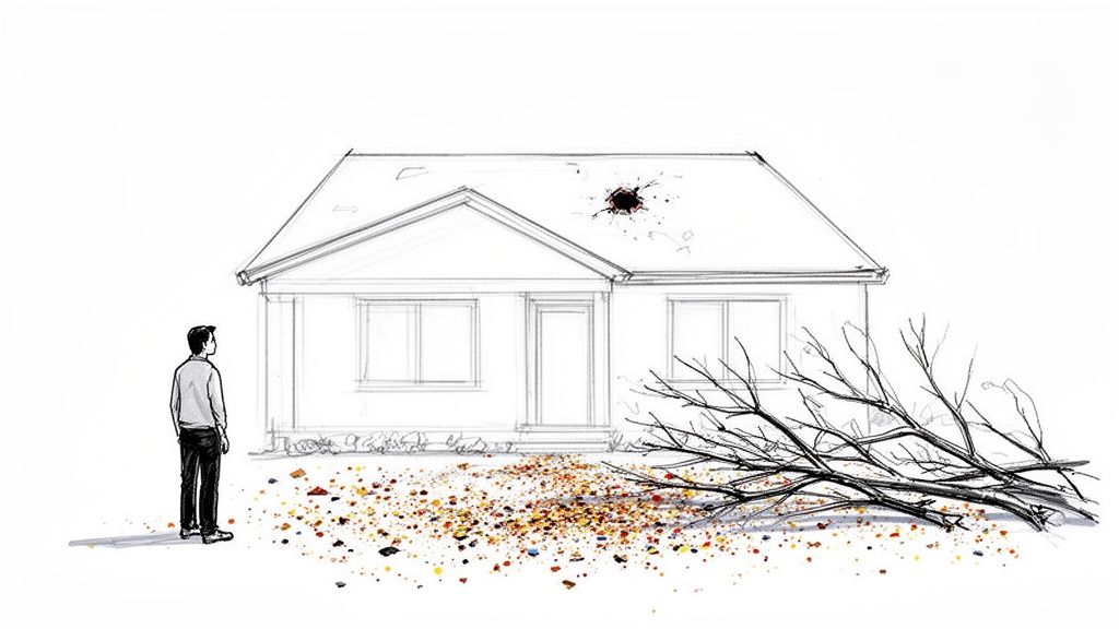 A man inspects a sketch of a house with a damaged roof and a fallen tree branch.