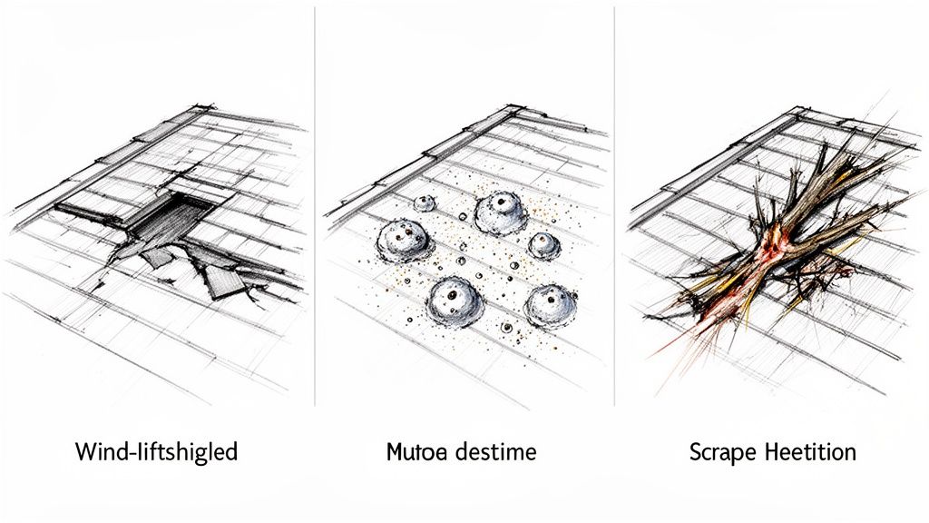 Sketches illustrating three types of roof damage: wind-lifted shingles, blistering, and severe impact.