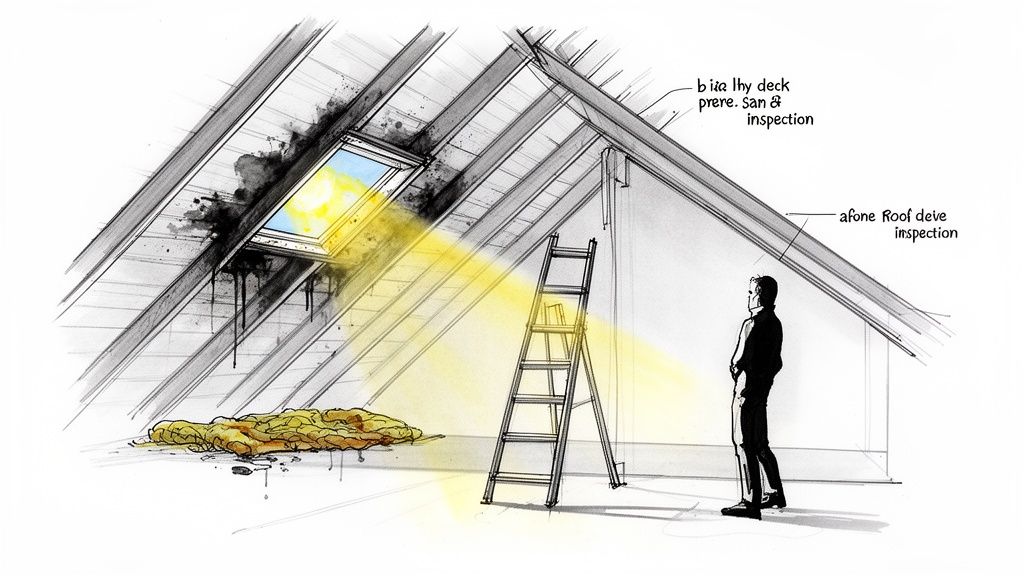 An illustration of an attic with a leaky skylight, damaged insulation, a ladder, and a man inspecting roof damage.