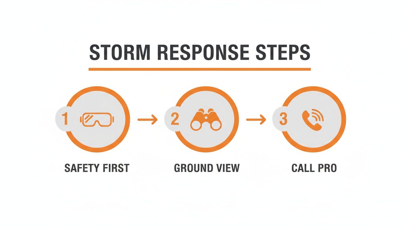 A three-step visual guide for storm response: safety first, ground view, and call a professional.