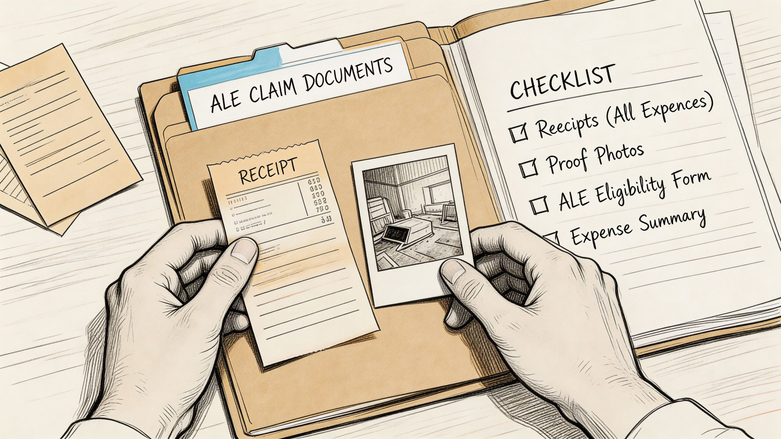 A person organizing temporary housing insurance claim documents, receipts, and proof photos into a folder for review.