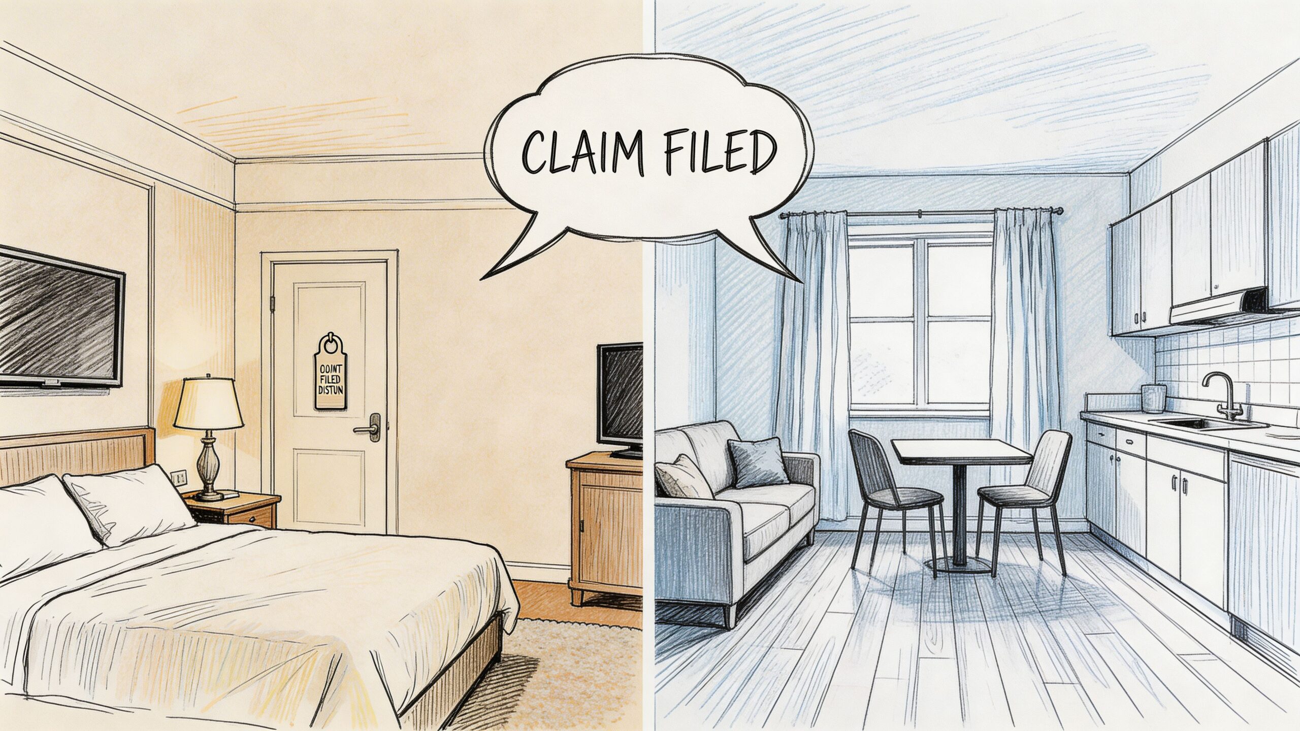 A split image showing a hotel bedroom on the left and a modern apartment on the right.