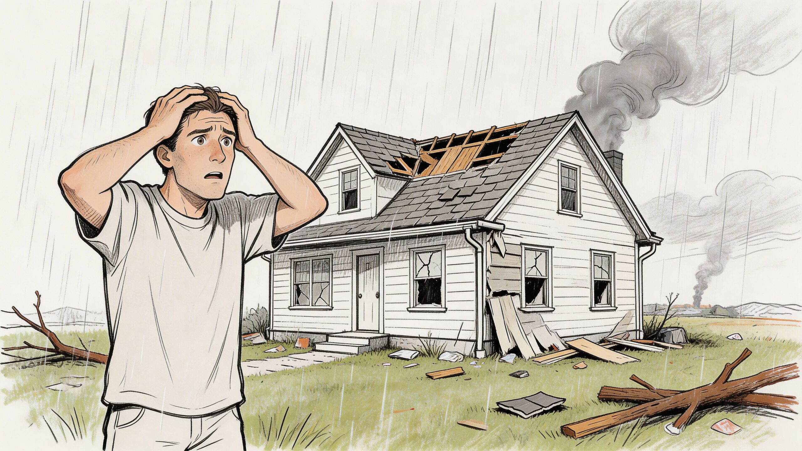 A distressed man stands in the rain before his damaged house with a broken roof and windows.
