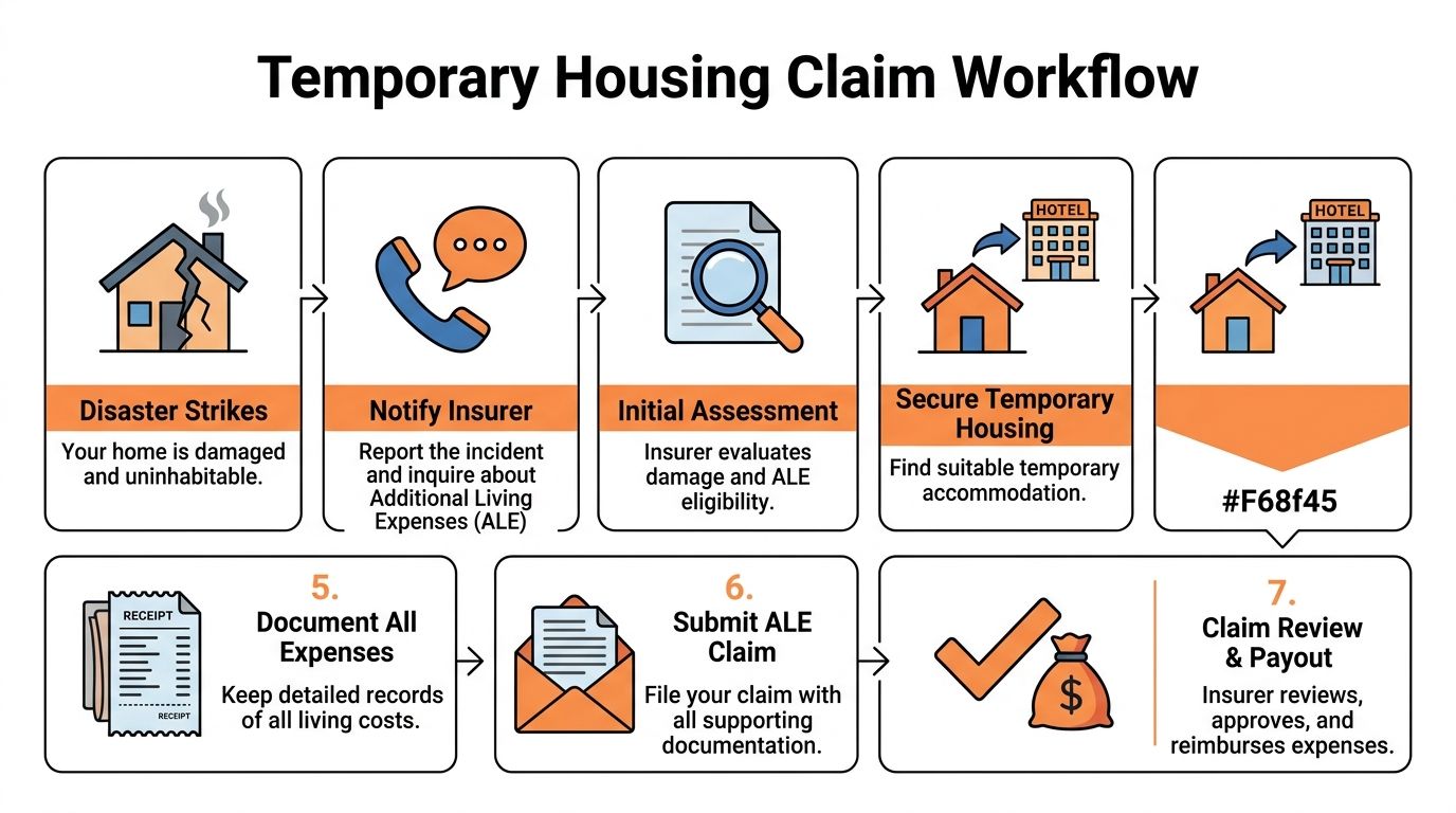 An infographic diagram outlining the step-by-step process for filing temporary housing insurance claims after a disaster.