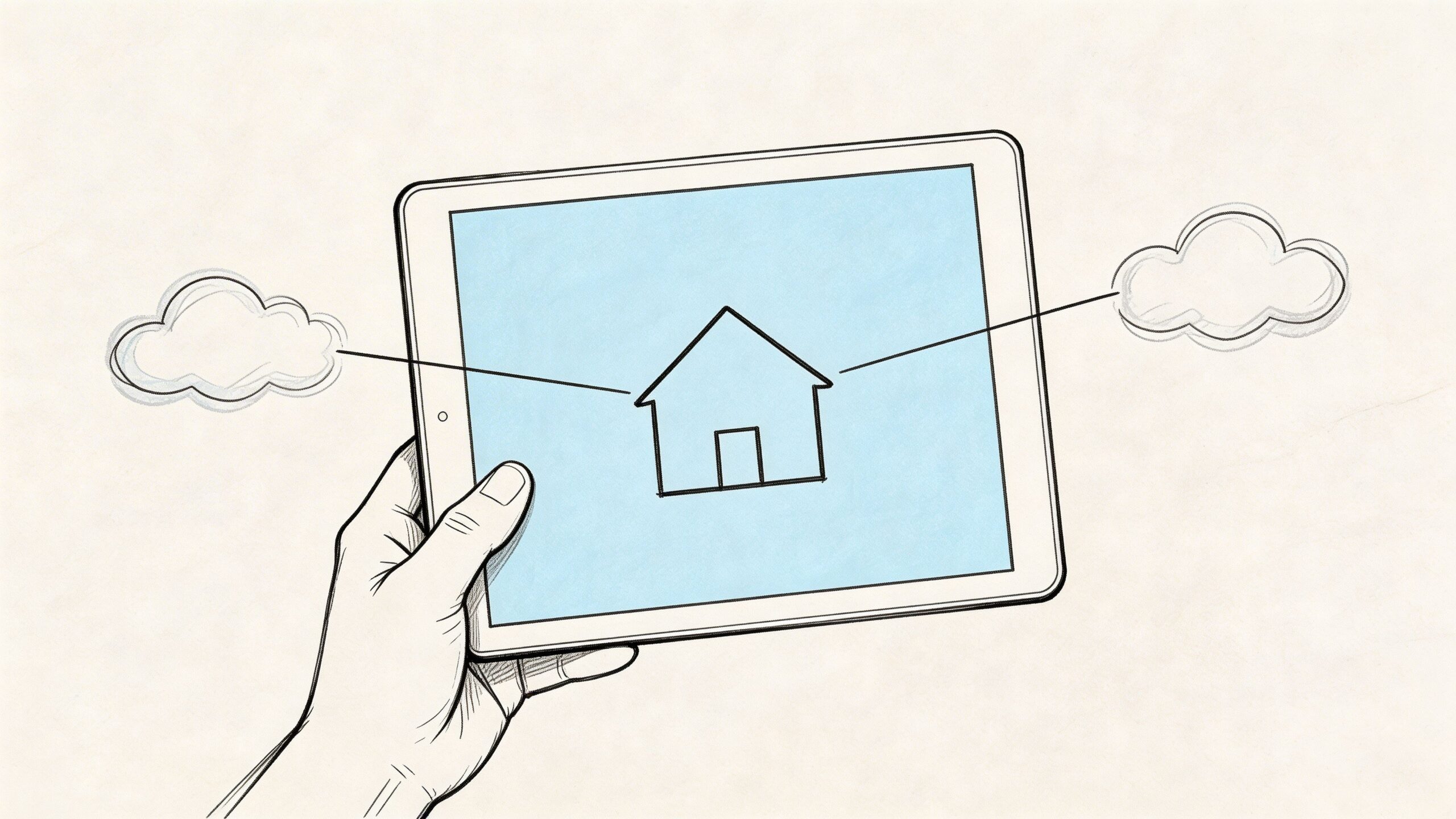 A hand holding a digital tablet displaying an icon of a house connected to two floating clouds.