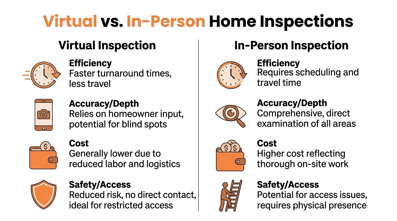 A comparison chart outlining the pros and cons of virtual versus in-person home inspection services.