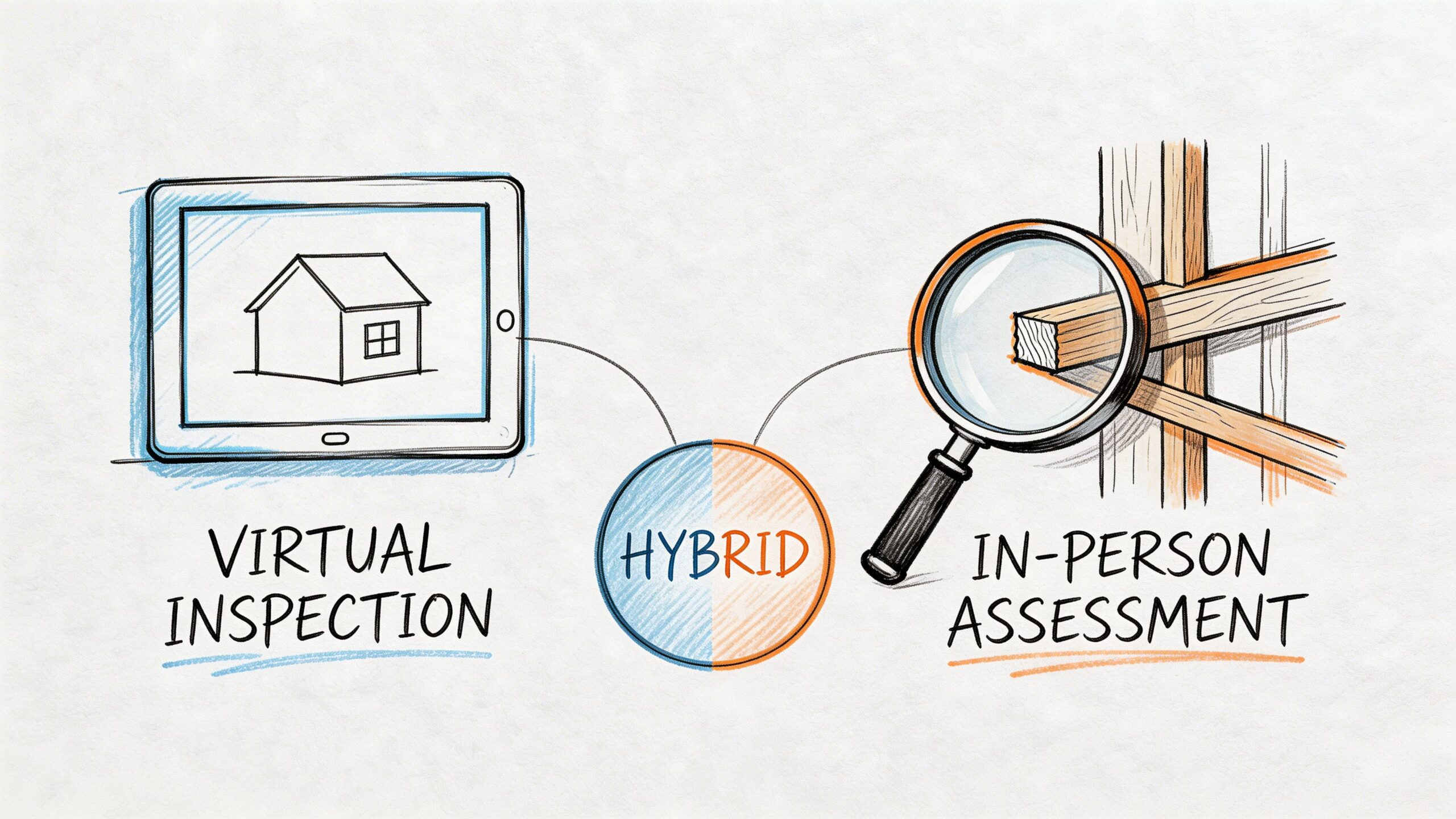 A conceptual diagram showing a hybrid approach combining virtual home inspection via tablet and in-person professional assessment.