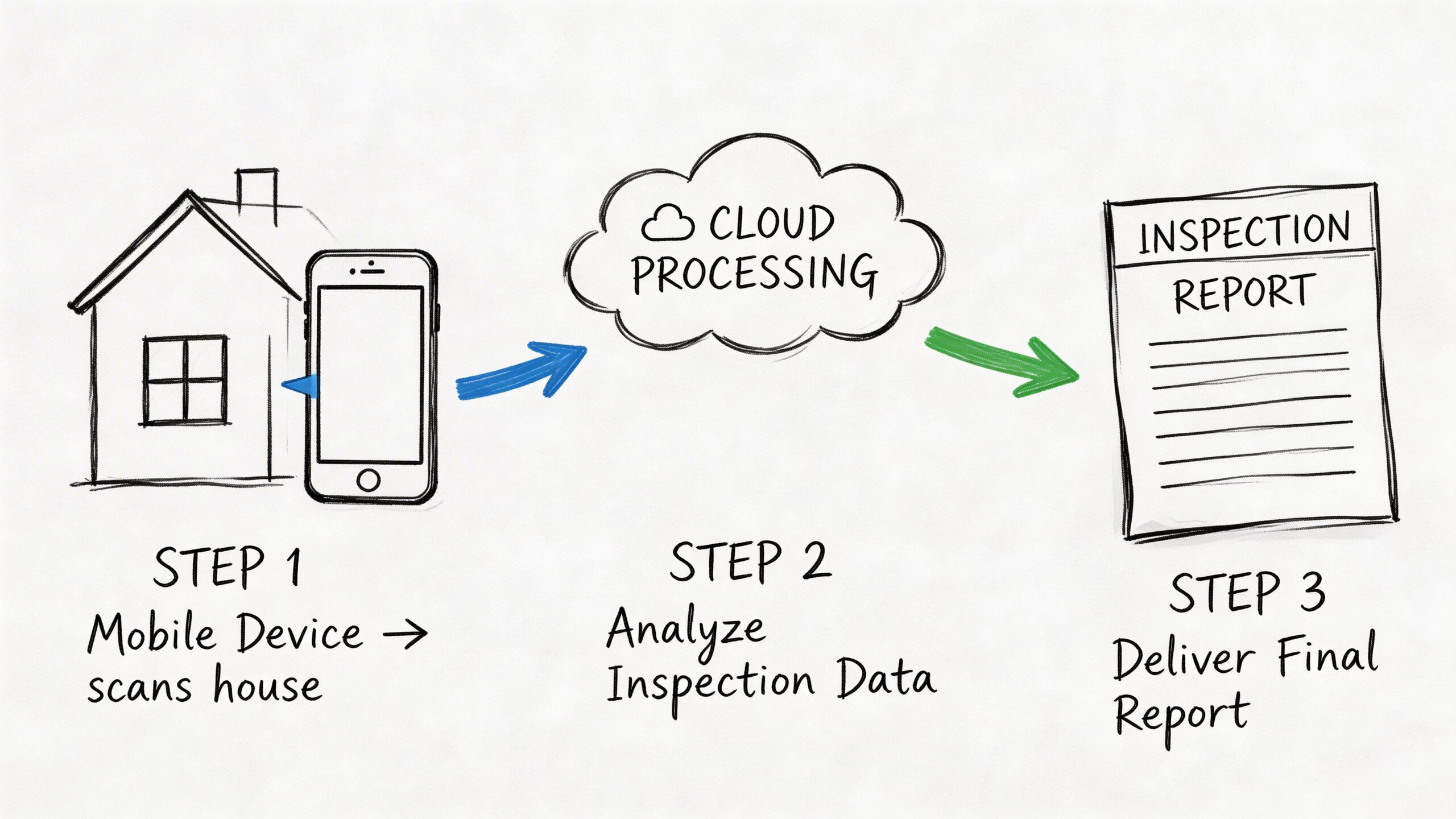 A simple sketch illustrating a three-step house inspection process using a mobile device, cloud processing, and reporting.