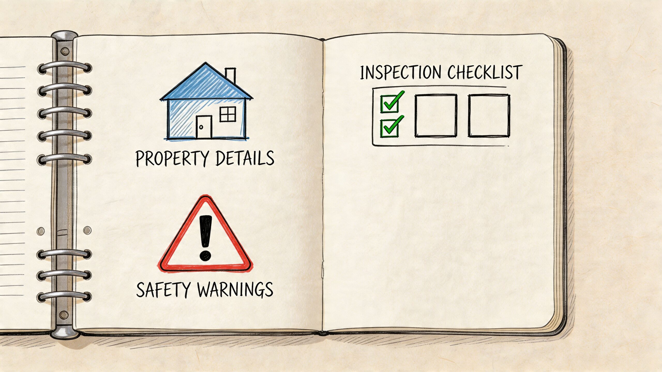 A sketchbook page featuring icons for property details, safety warnings, and an inspection checklist with boxes.