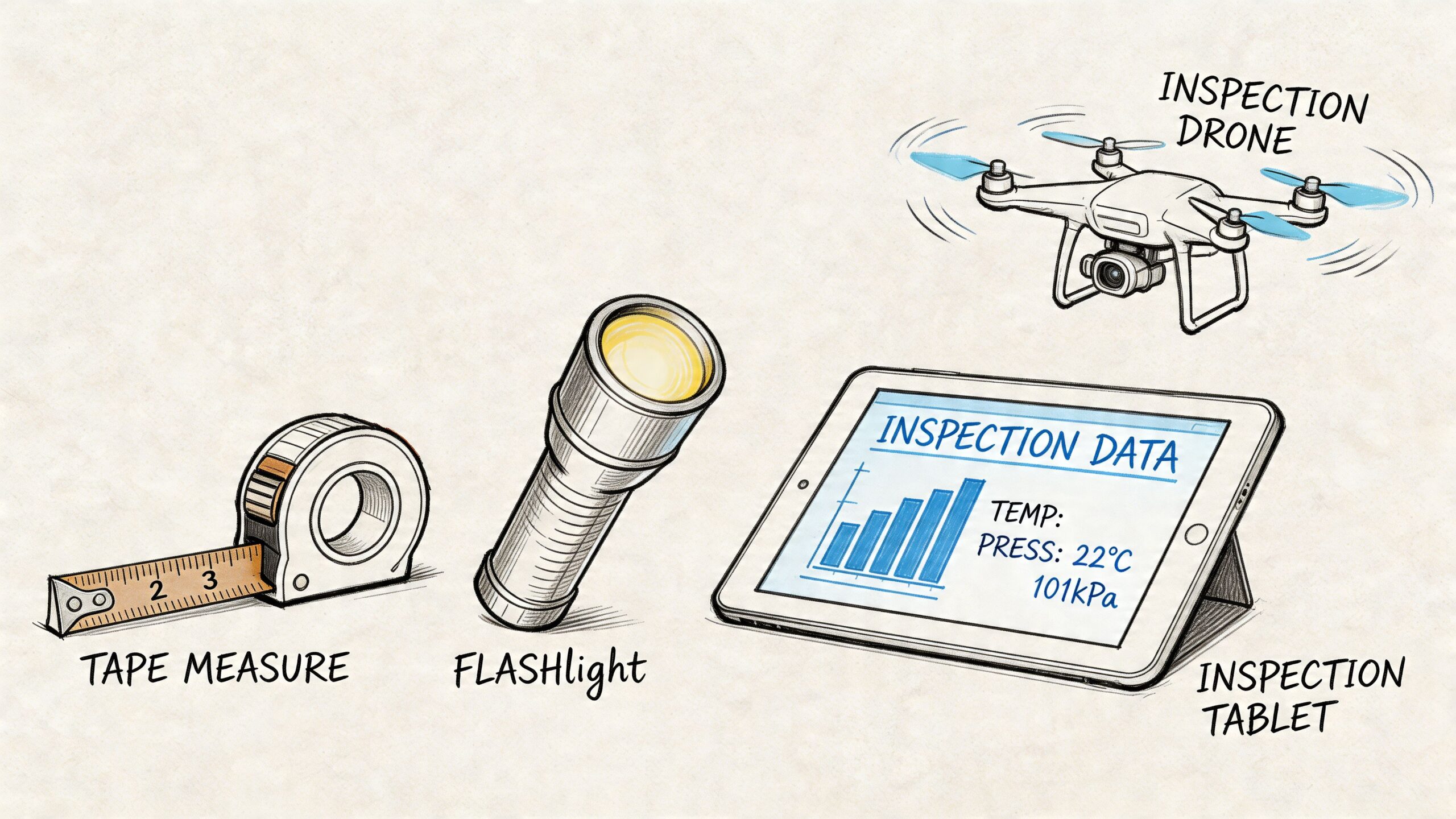 A line art illustration showing field inspection tools including a tape measure, flashlight, drone, and a data tablet.