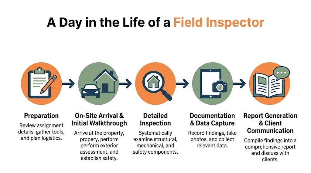 A diagram illustrating the step-by-step workflow of a field inspector from preparation to reporting findings.