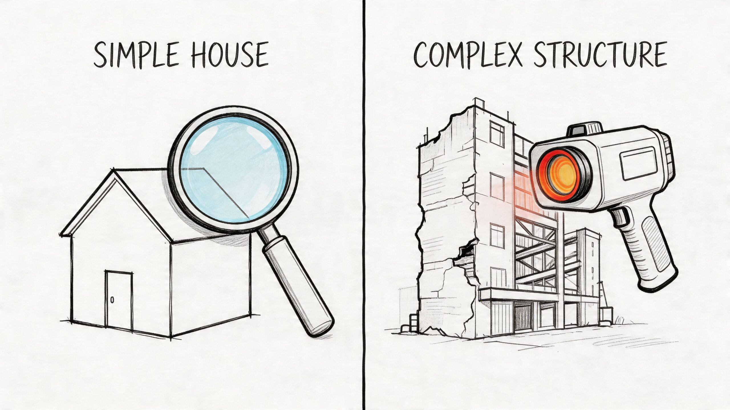An illustration comparing simple home inspection with a magnifying glass to complex structure inspection using thermal equipment.