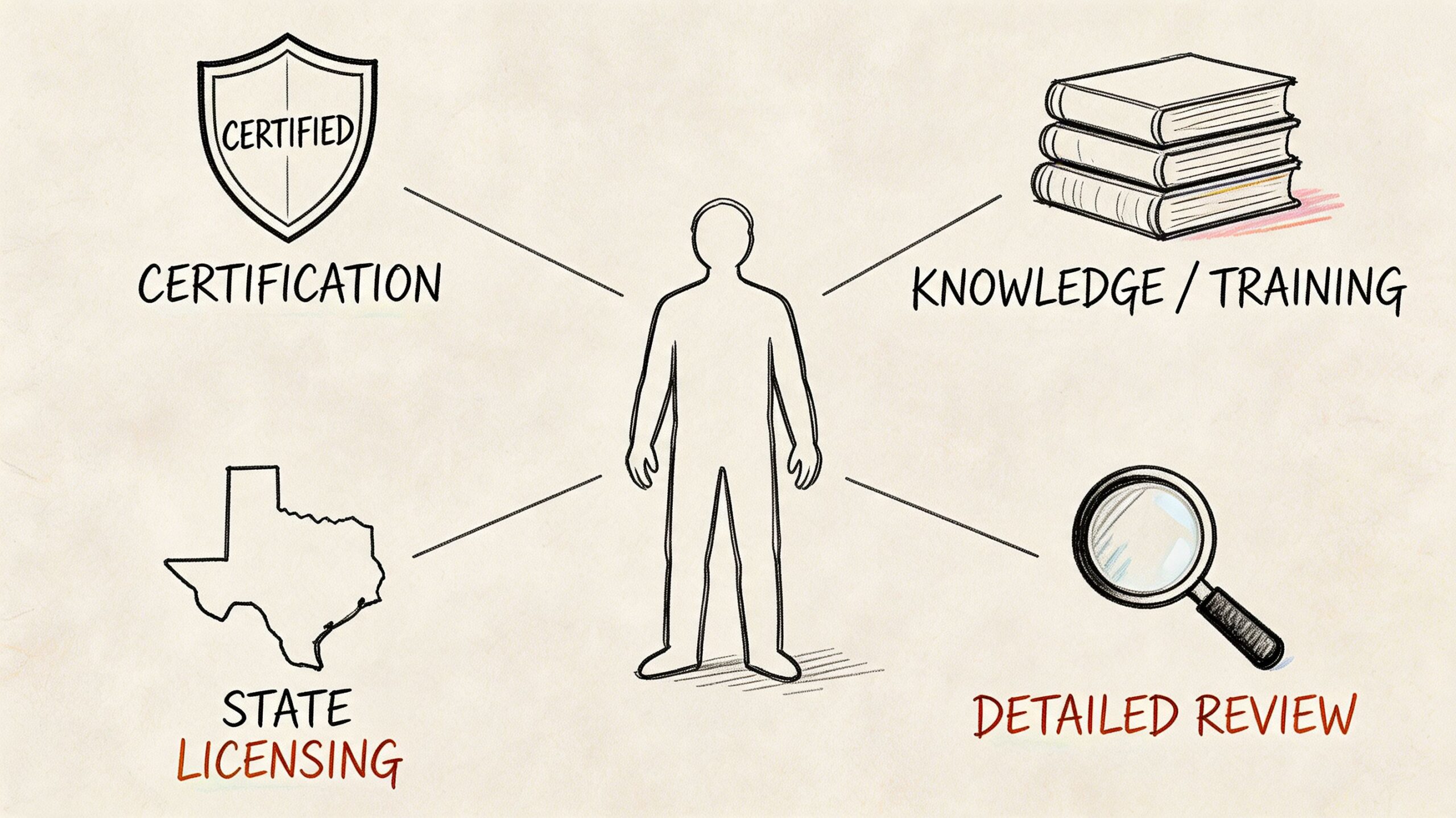 A diagram illustrating the four key components of a professional cat claims adjuster, including training and licensing.