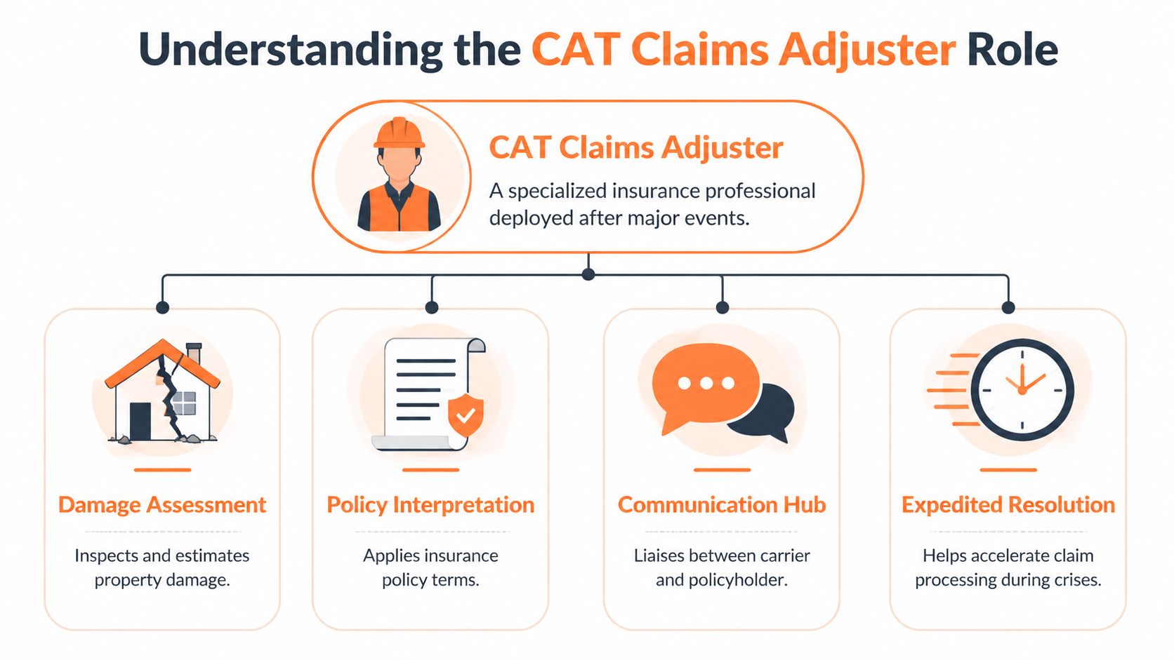 An infographic explaining the role of a catastrophe claims adjuster in insurance after major disaster events.