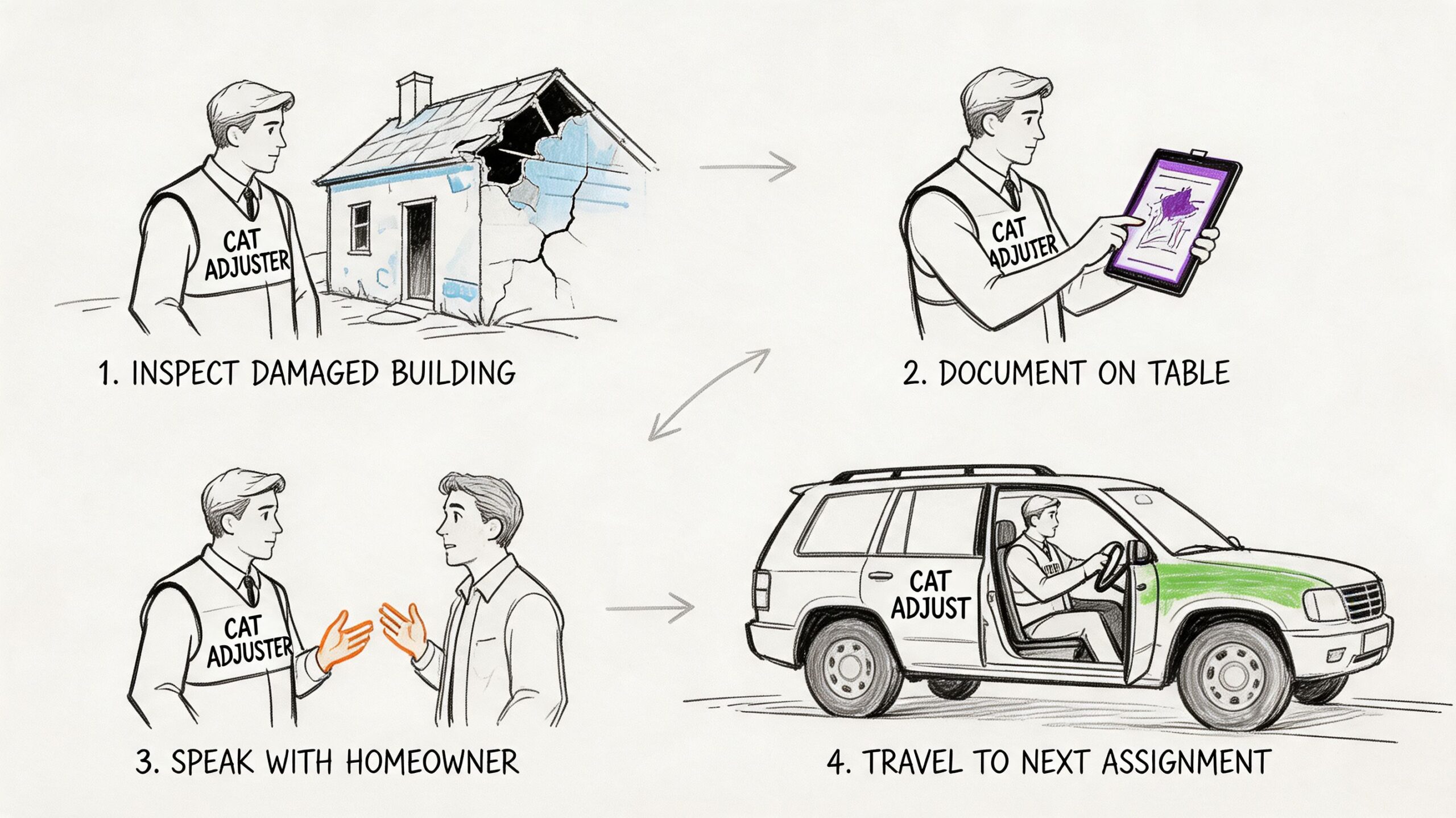 A four-step illustration showing a catastrophe insurance adjuster inspecting property, documenting damages, speaking with a homeowner, and traveling.