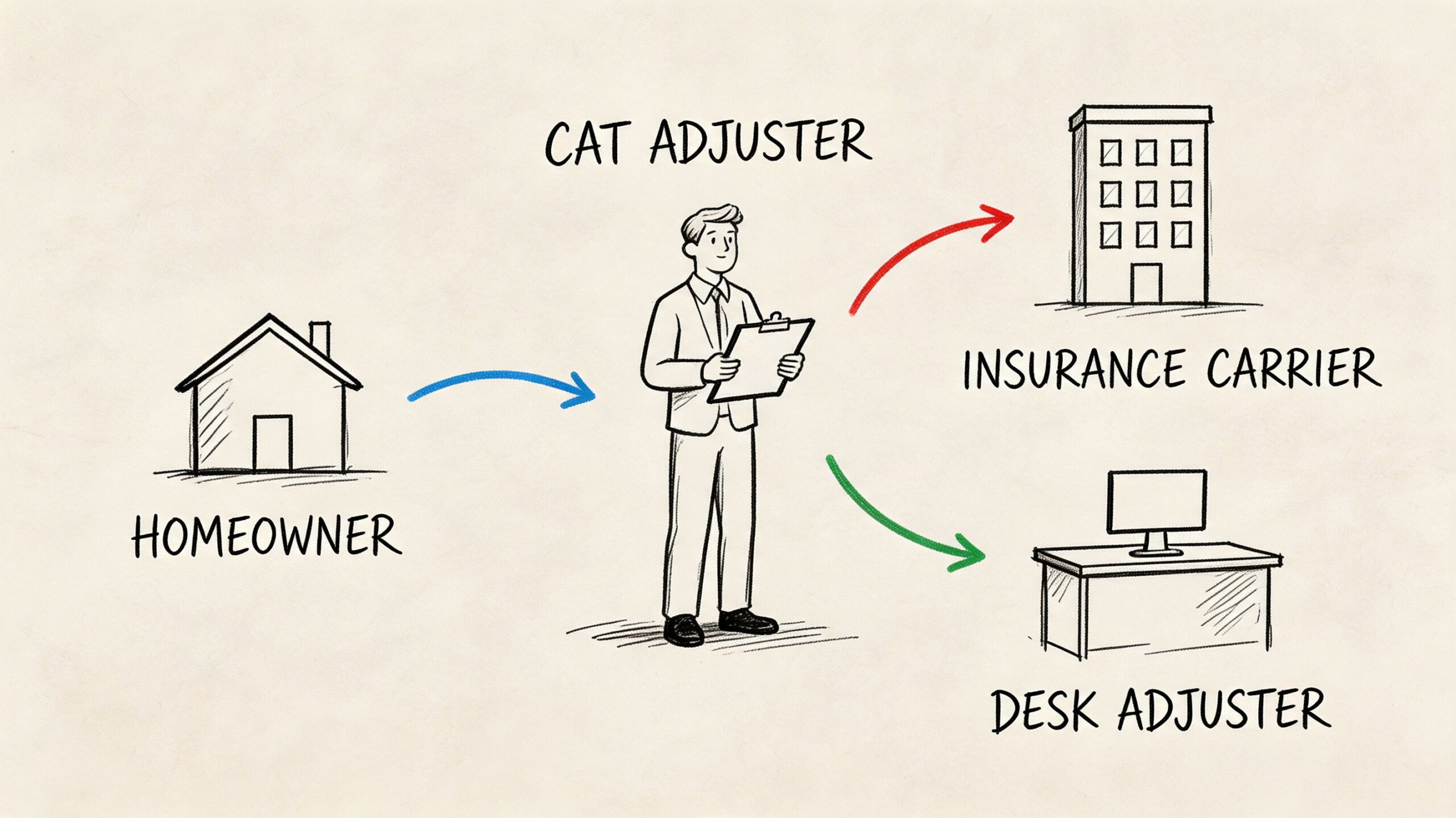 A hand-drawn diagram illustrating the workflow between a homeowner, cat adjuster, insurance carrier, and desk adjuster.