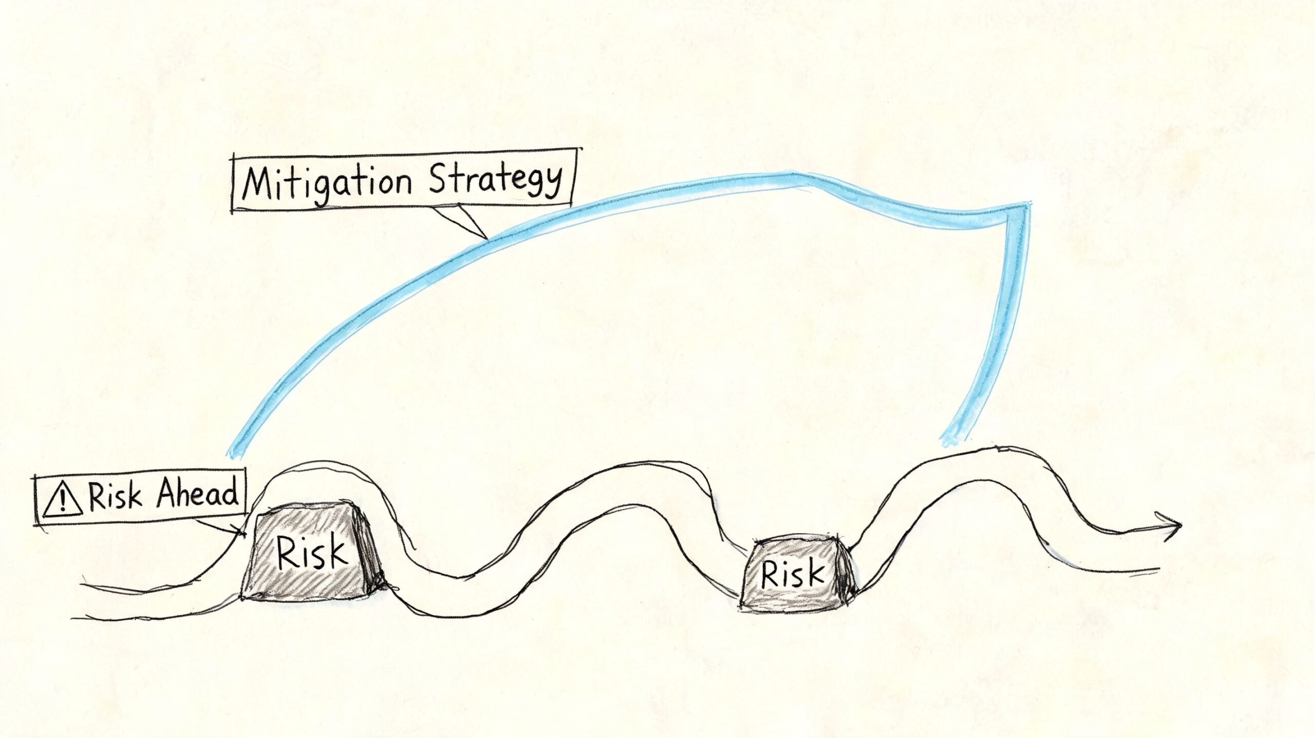 A hand-drawn diagram showing a wavy path avoiding obstacles labeled risk, illustrating a strategic mitigation approach.
