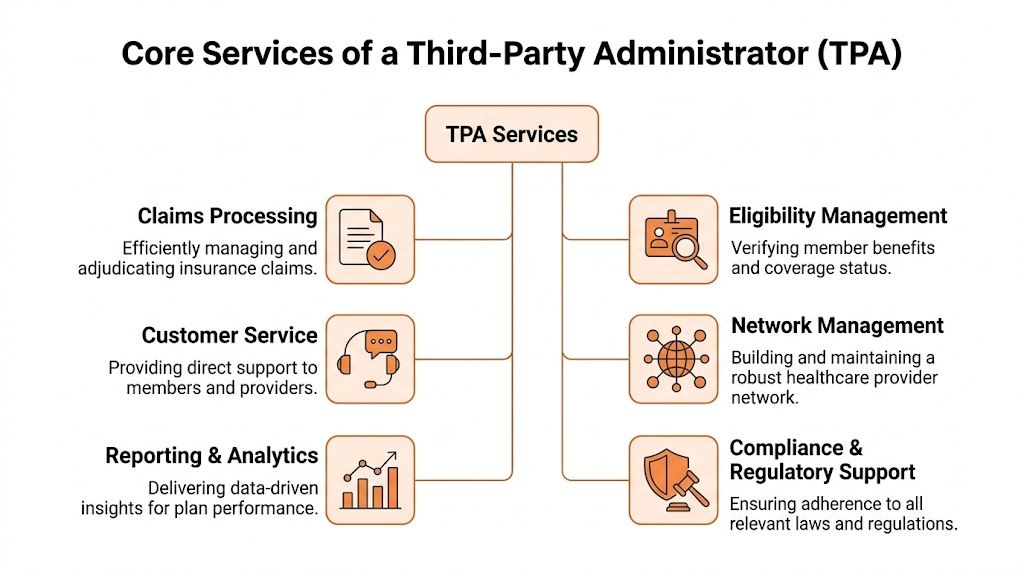 A diagram outlining the six core services provided by third-party administrators for insurance management and healthcare.
