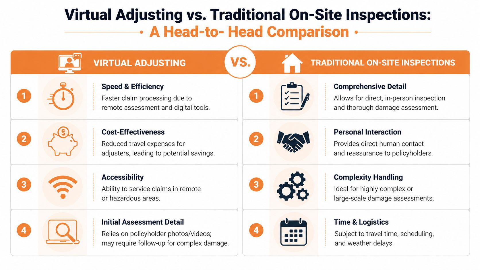 A comparison infographic between virtual adjusting and traditional on-site insurance claim inspections highlighting their key differences.
