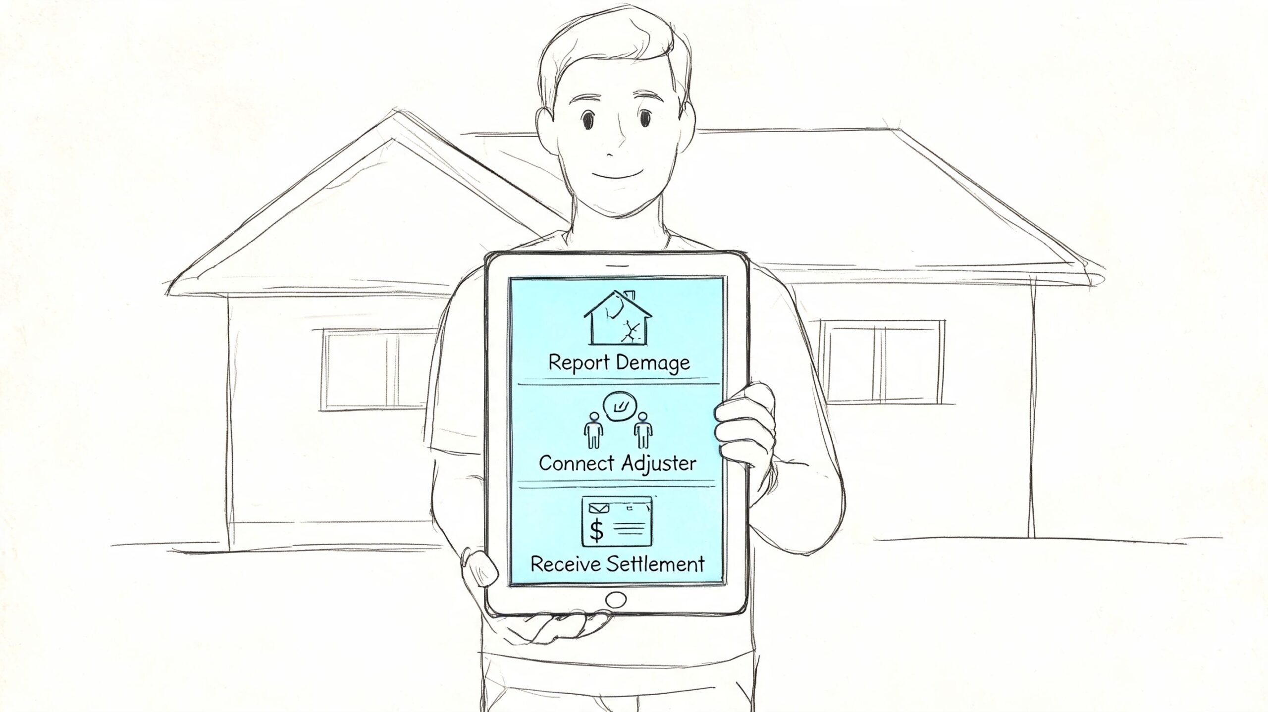 A person holding a tablet displaying steps to report home damage, connect with an adjuster, and receive settlement.