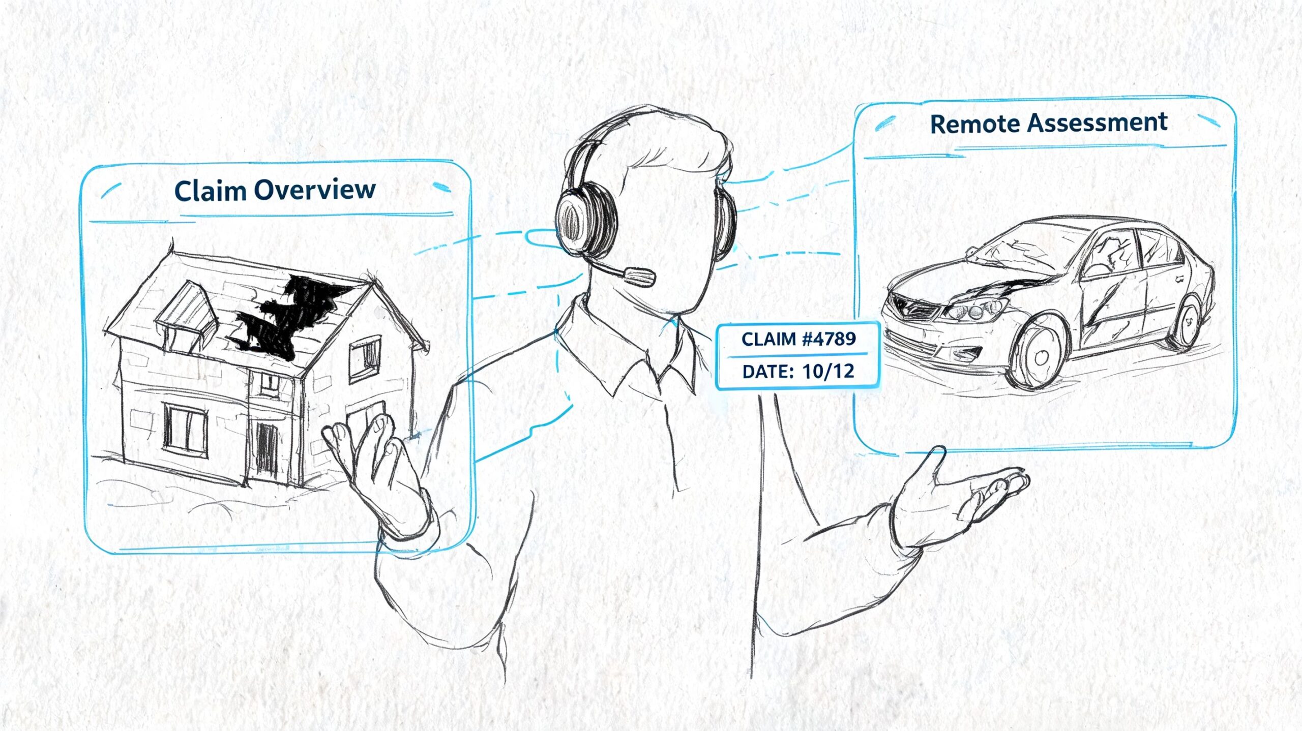 A digital sketch of a virtual claim adjuster wearing a headset, managing home and vehicle insurance claims.