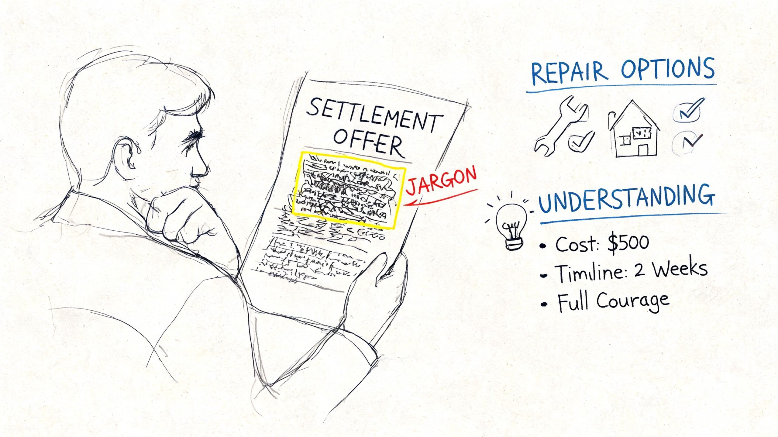 A person reviewing a complex legal settlement offer document while considering insurance roof repair options.